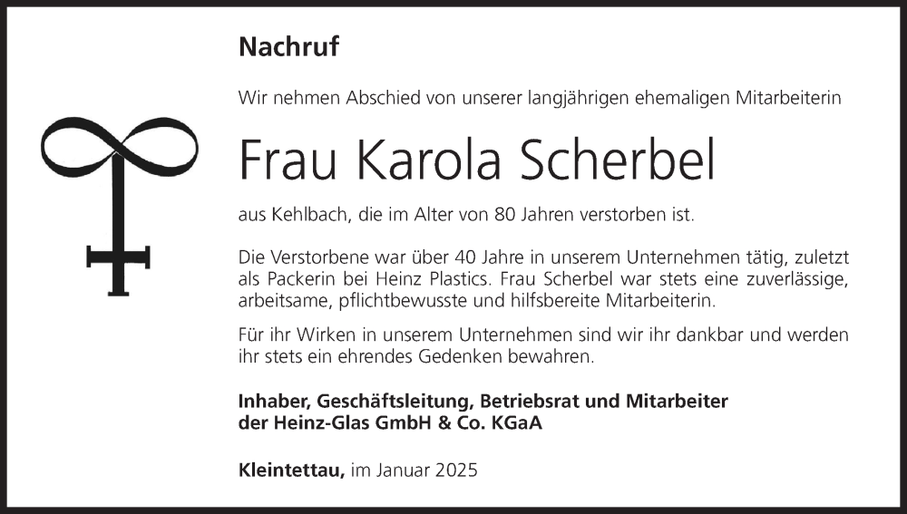  Traueranzeige für Karola Scherbel vom 20.01.2025 aus MGO