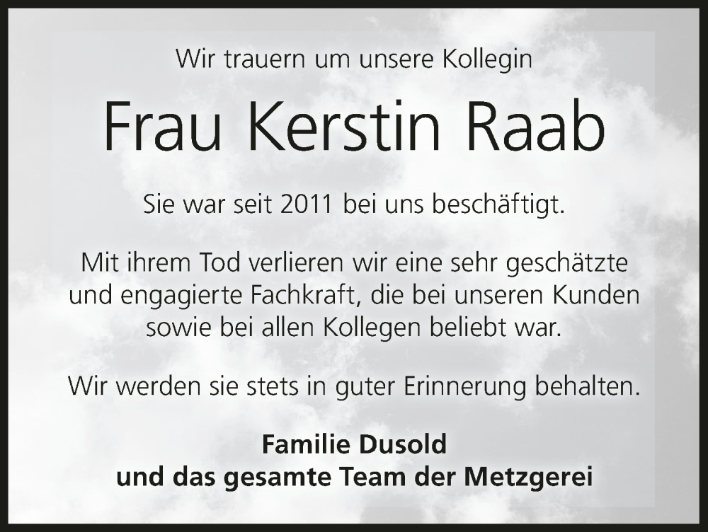  Traueranzeige für Kerstin Raab vom 10.01.2025 aus MGO