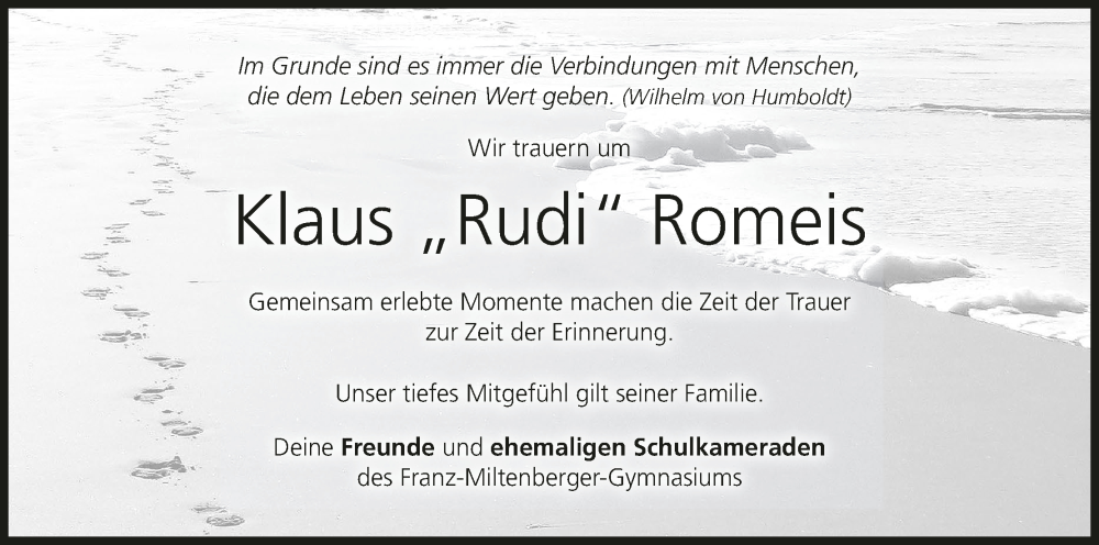  Traueranzeige für Klaus Romeis vom 18.01.2025 aus MGO
