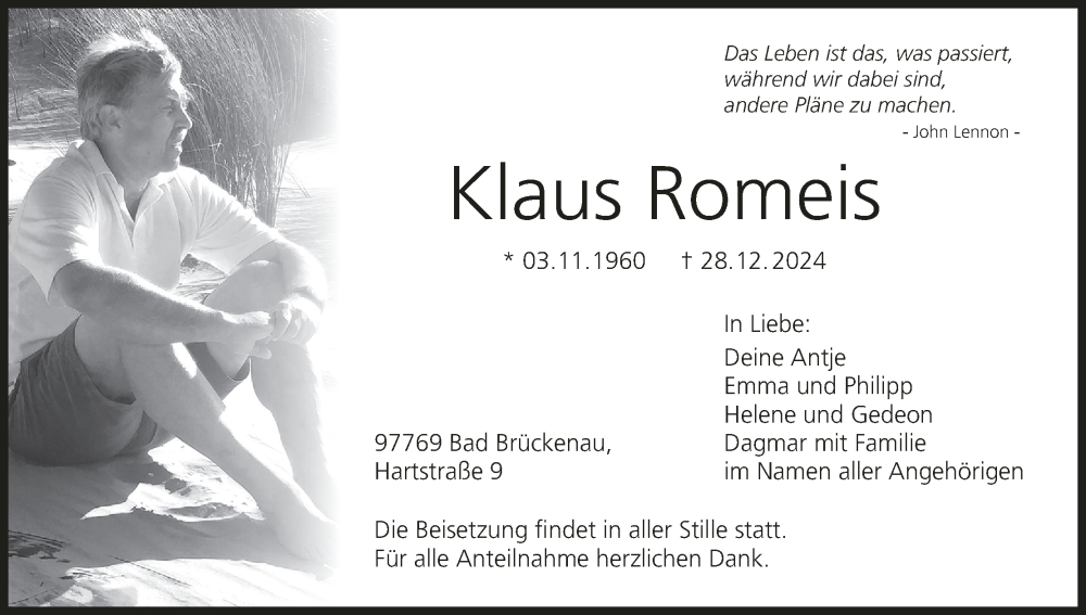  Traueranzeige für Klaus Romeis vom 11.01.2025 aus MGO