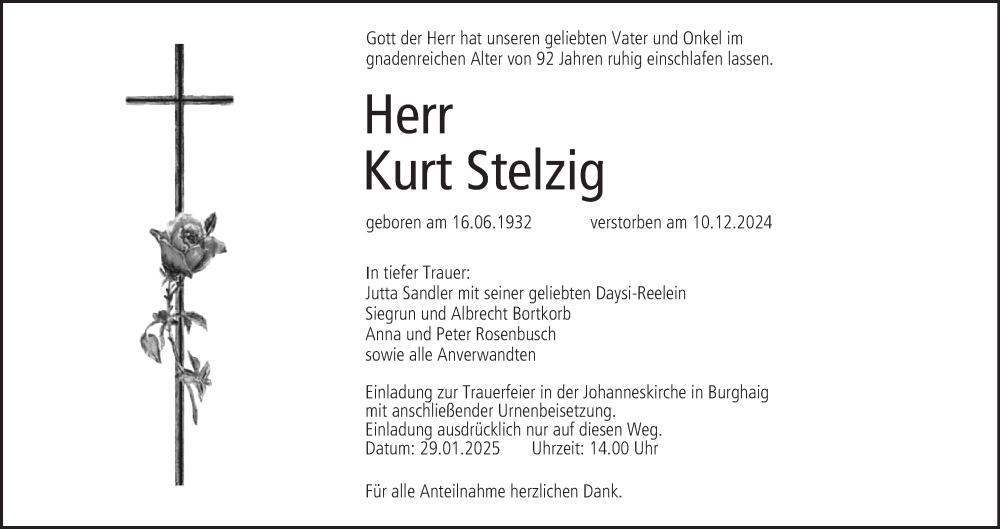  Traueranzeige für Kurt Stelzig vom 25.01.2025 aus MGO