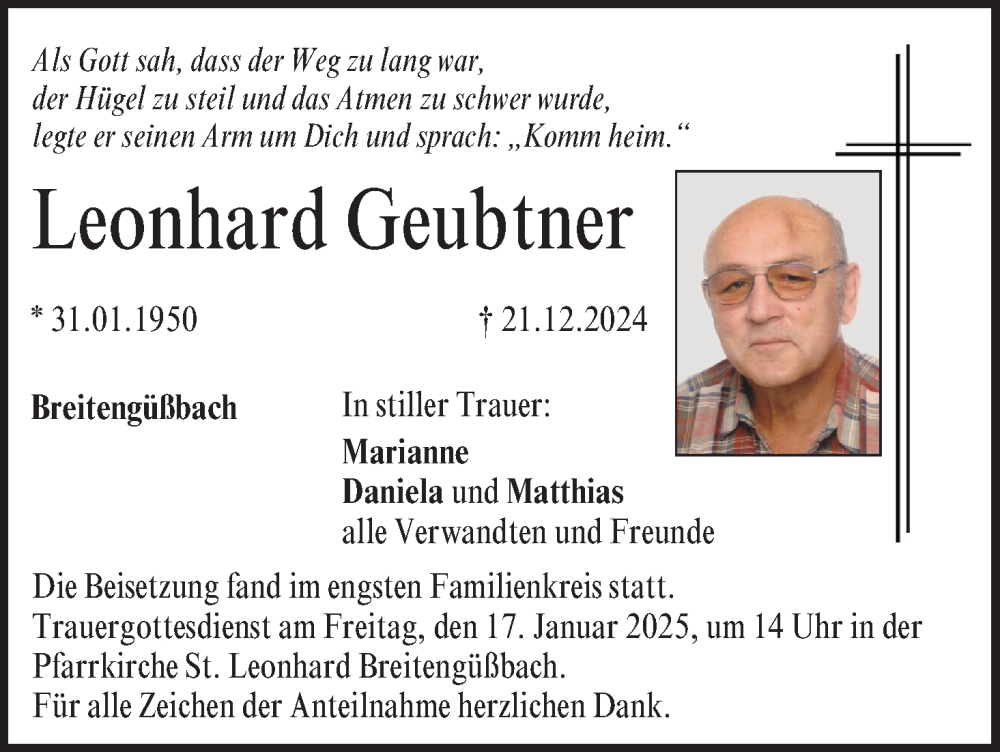  Traueranzeige für Leonhard Geubtner vom 11.01.2025 aus MGO