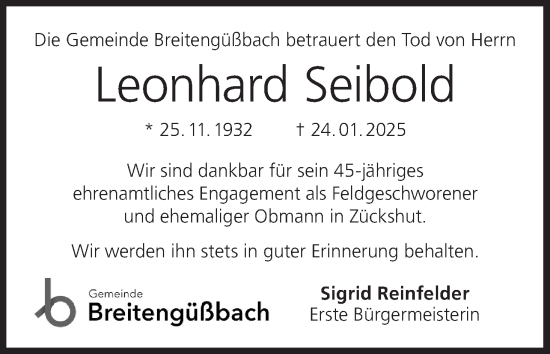 Anzeige von Leonhard Seibold von MGO