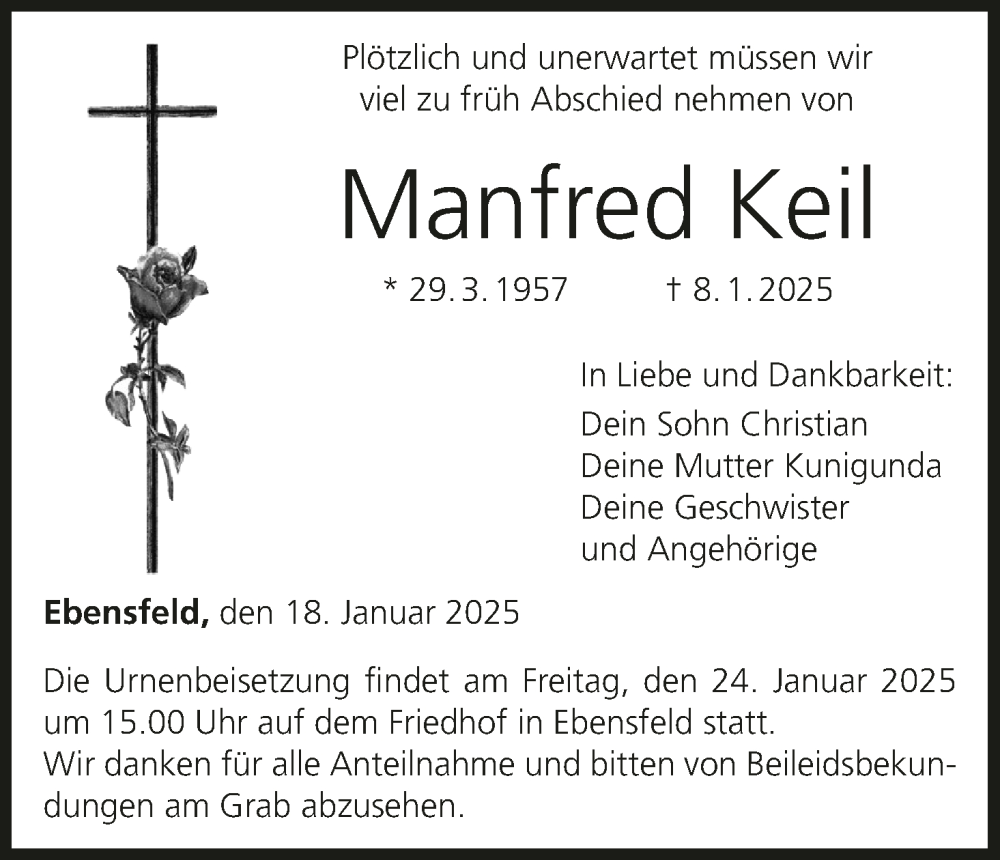  Traueranzeige für Manfred Keil vom 18.01.2025 aus MGO