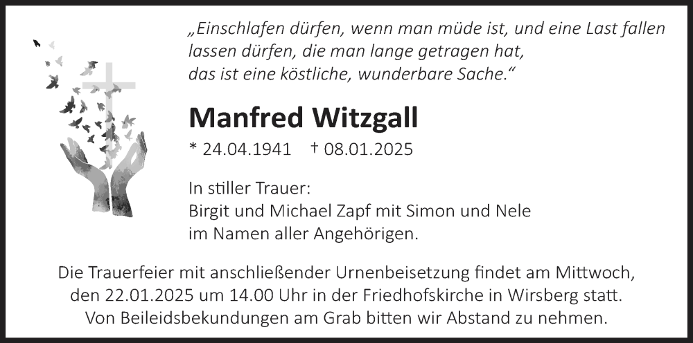  Traueranzeige für Manfred Witzgall vom 18.01.2025 aus MGO