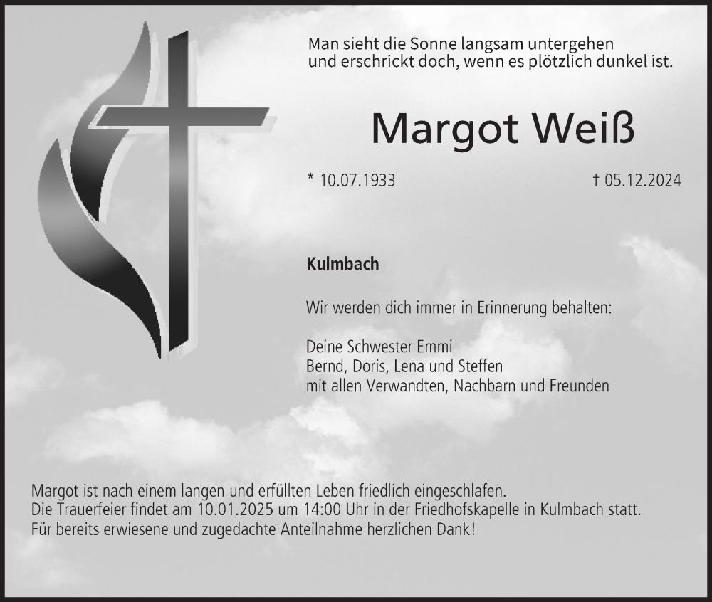  Traueranzeige für Margot Weiß vom 07.01.2025 aus MGO