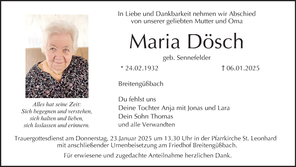  Traueranzeige für Maria Dösch vom 18.01.2025 aus MGO