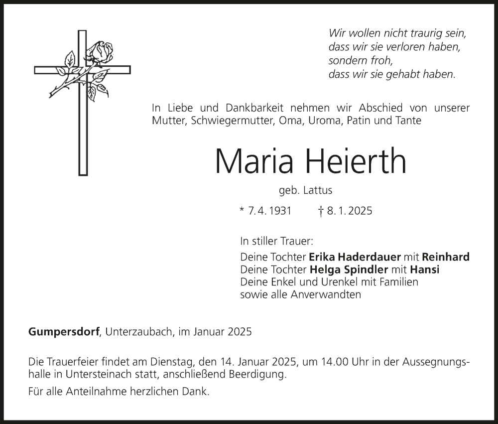  Traueranzeige für Maria Heierth vom 11.01.2025 aus MGO