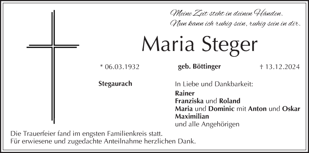  Traueranzeige für Maria Steger vom 04.01.2025 aus MGO