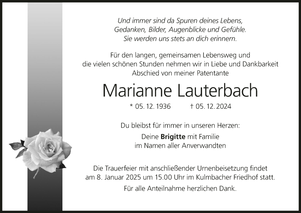  Traueranzeige für Marianne Lauterbach vom 31.12.2024 aus MGO