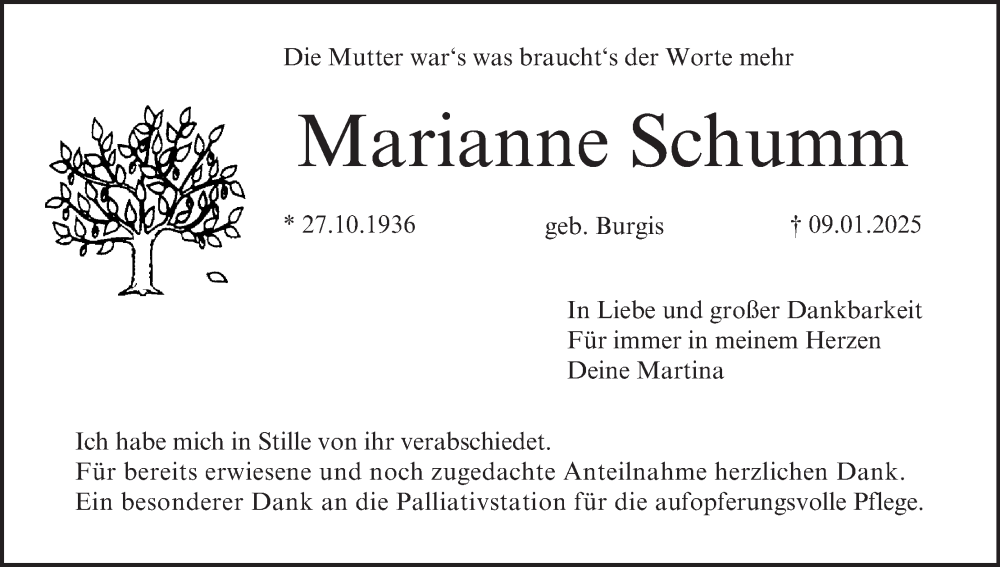  Traueranzeige für Marianne Schumm vom 18.01.2025 aus MGO
