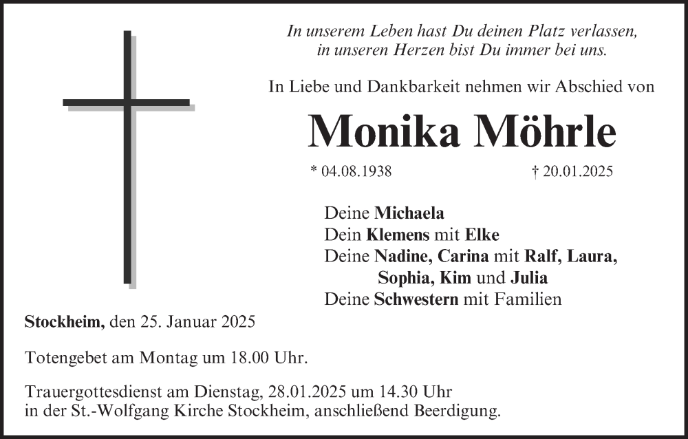  Traueranzeige für Monika Möhrle vom 25.01.2025 aus MGO