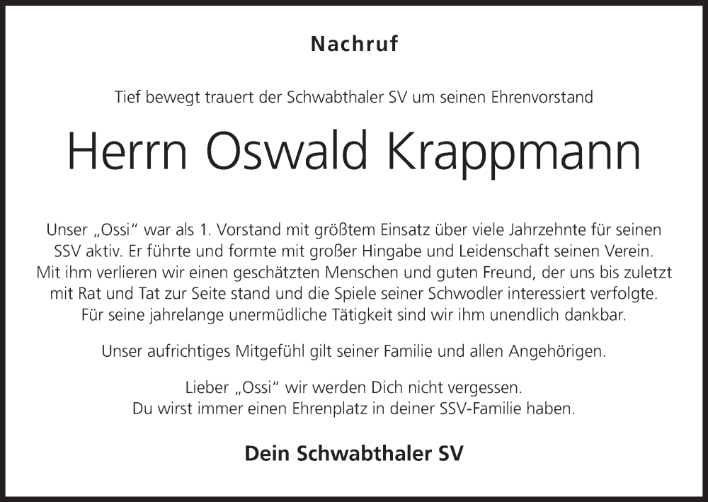  Traueranzeige für Oswald Krappmann vom 18.01.2025 aus MGO