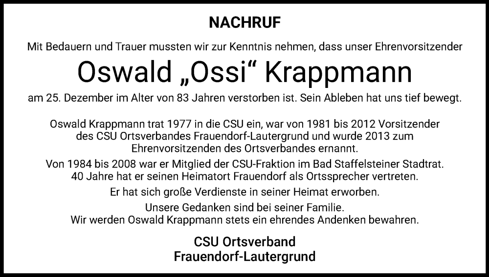  Traueranzeige für Oswald Krappmann vom 18.01.2025 aus MGO