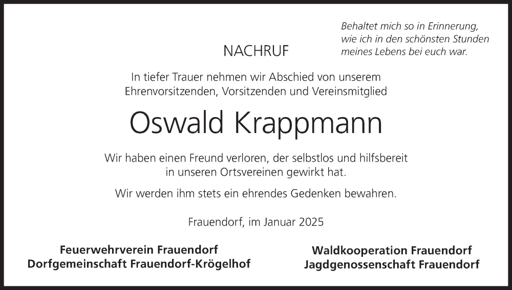  Traueranzeige für Oswald Krappmann vom 21.01.2025 aus MGO