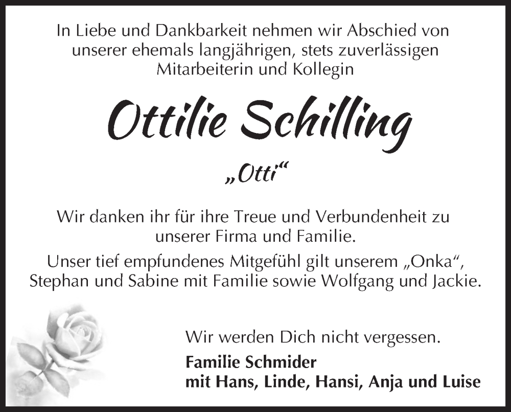  Traueranzeige für Ottilie Schilling vom 25.01.2025 aus MGO