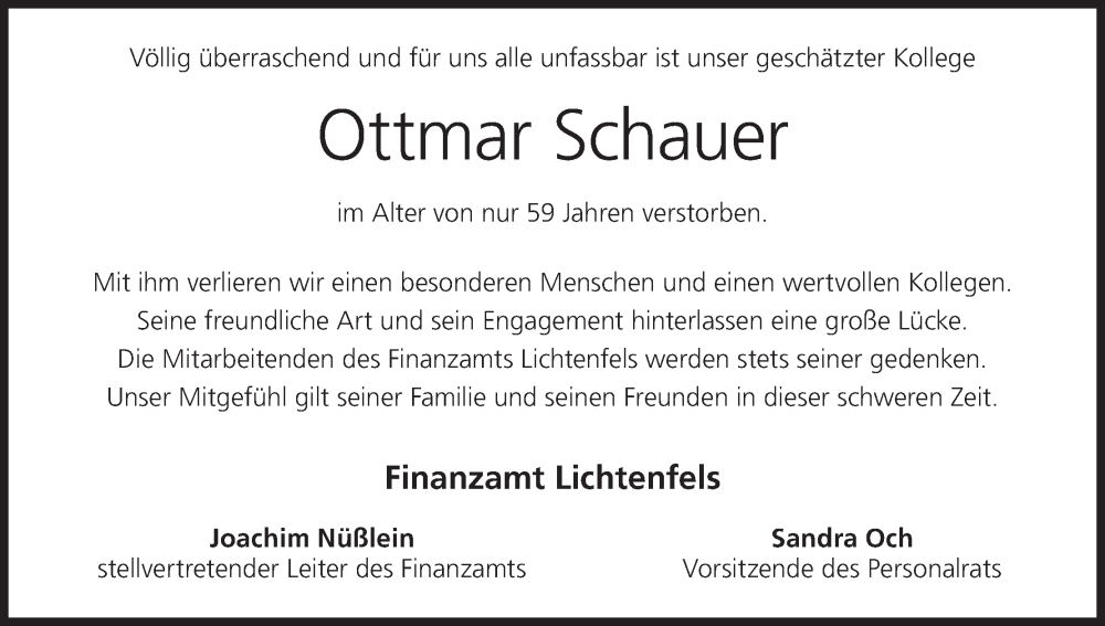  Traueranzeige für Ottmar Schauer vom 29.01.2025 aus MGO