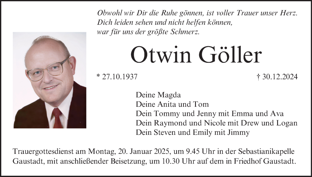  Traueranzeige für Otwin Göller vom 18.01.2025 aus MGO