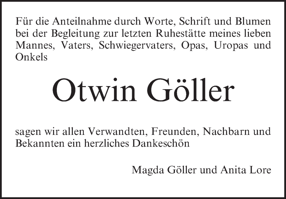  Traueranzeige für Otwin Göller vom 25.01.2025 aus MGO