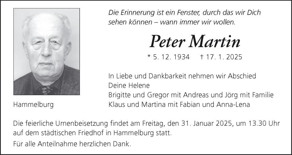  Traueranzeige für Peter Martin vom 25.01.2025 aus MGO