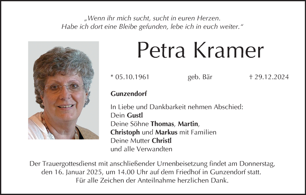  Traueranzeige für Petra Kramer vom 11.01.2025 aus MGO