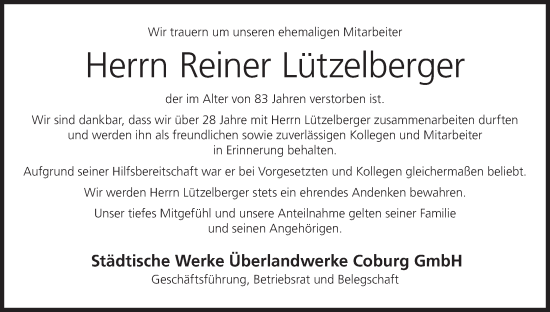 Anzeige von Reiner Lützelberger von MGO