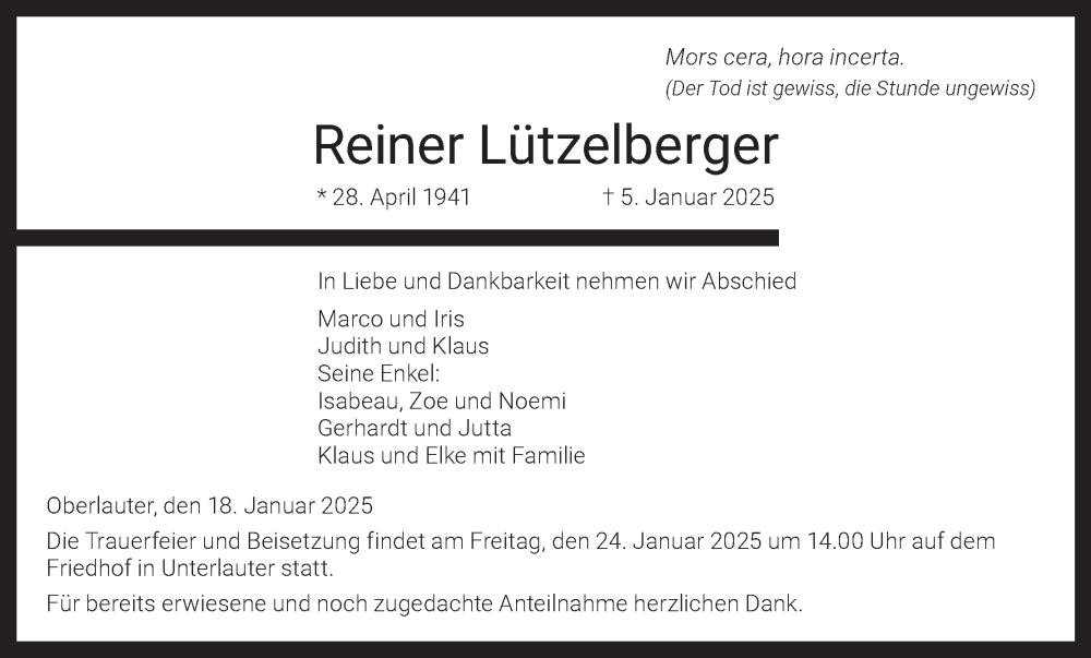  Traueranzeige für Reiner Lützelberger vom 18.01.2025 aus MGO