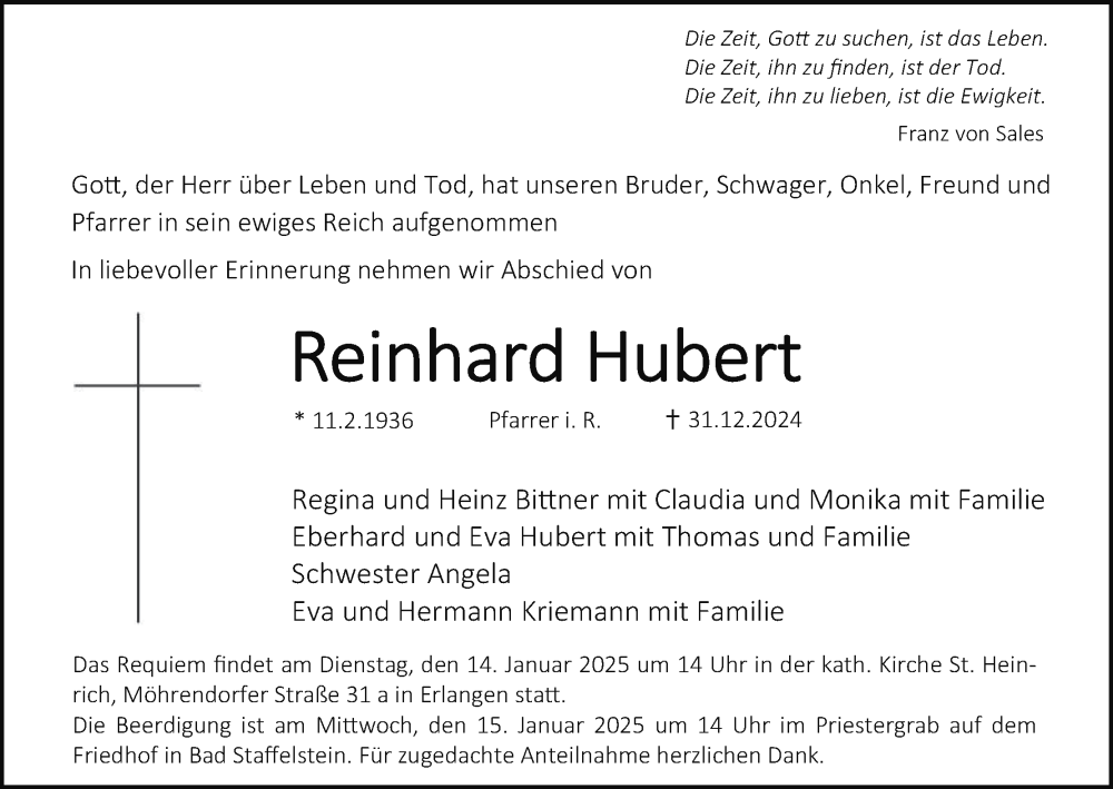  Traueranzeige für Reinhard  Hubert vom 08.01.2025 aus MGO