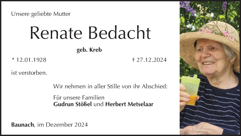  Traueranzeige für Renate Bedacht vom 04.01.2025 aus MGO