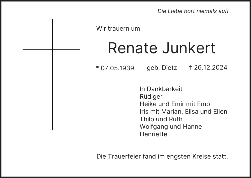  Traueranzeige für Renate Junkert vom 11.01.2025 aus MGO