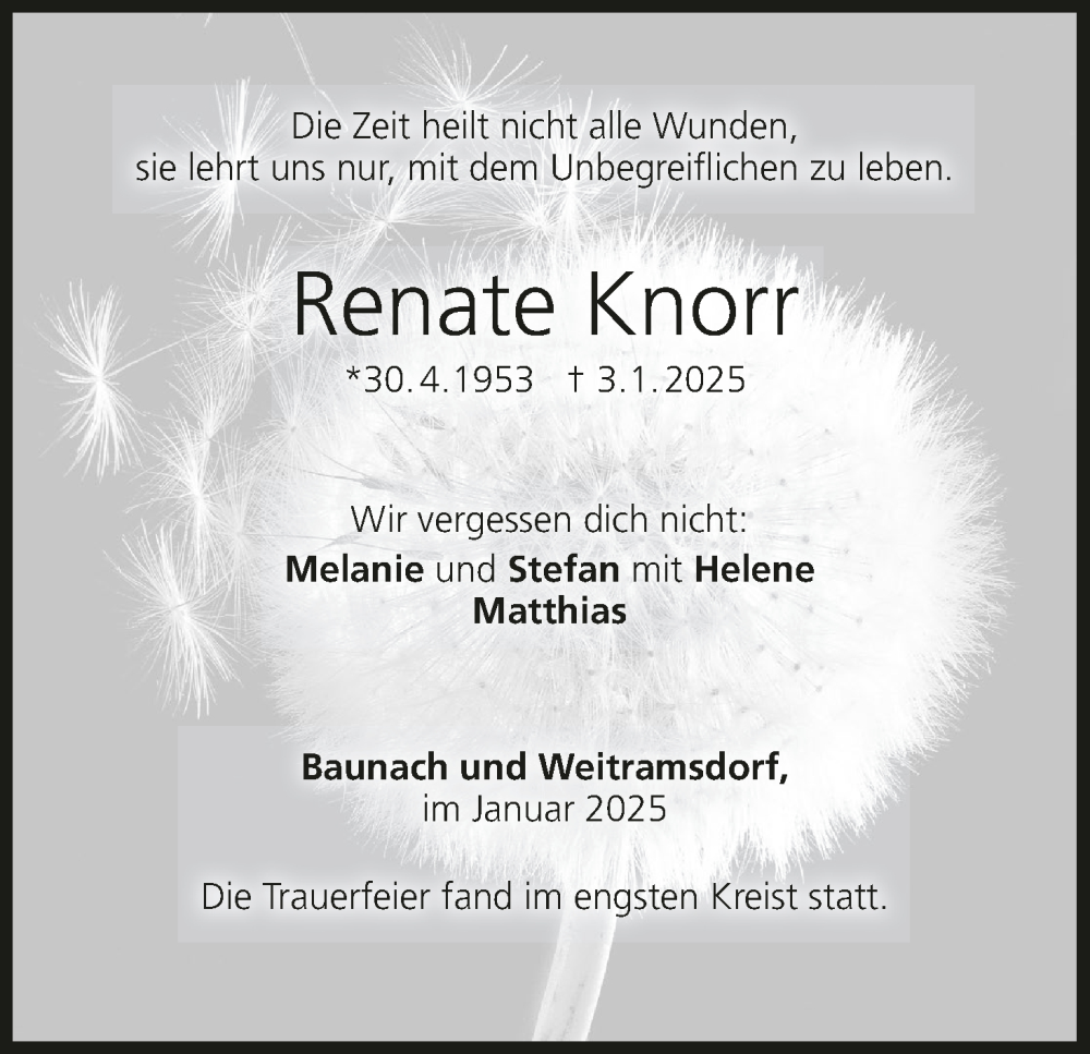  Traueranzeige für Renate Knorr vom 25.01.2025 aus MGO