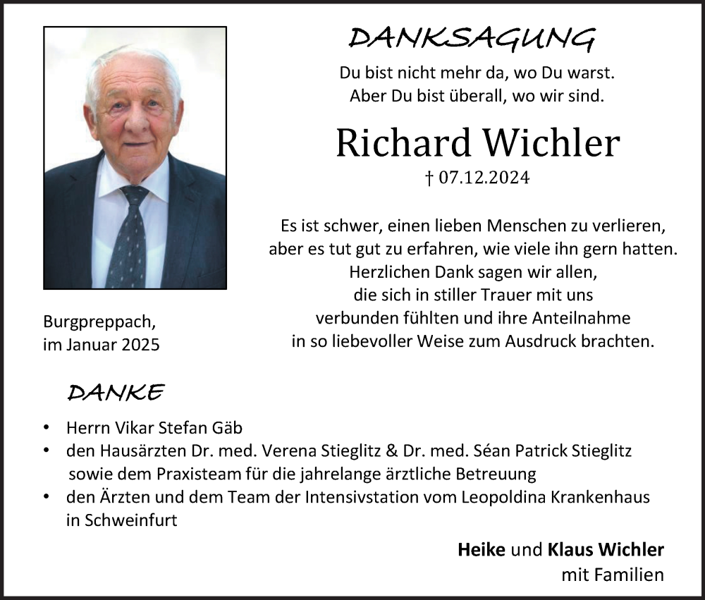  Traueranzeige für Richard Wichler vom 04.01.2025 aus MGO