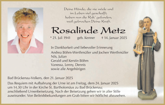 Anzeige von Rosalinde Metz von MGO