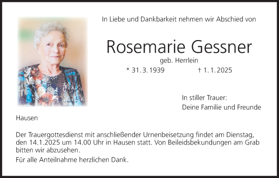 Anzeige von Rosemarie Gessner von MGO
