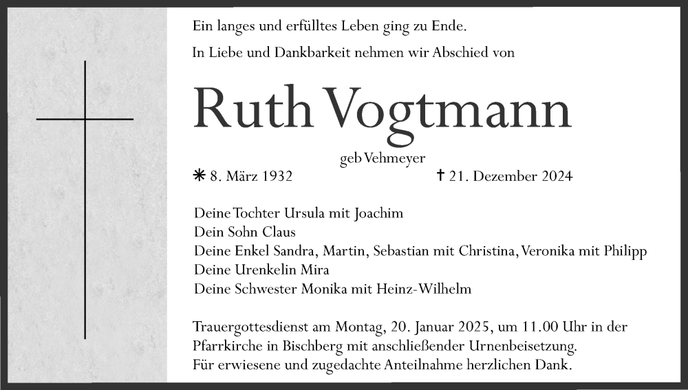  Traueranzeige für Ruth Vogtmann vom 11.01.2025 aus MGO