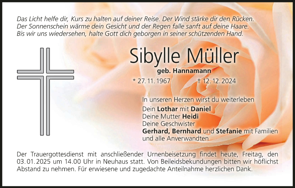  Traueranzeige für Sibylle Müller vom 03.01.2025 aus MGO