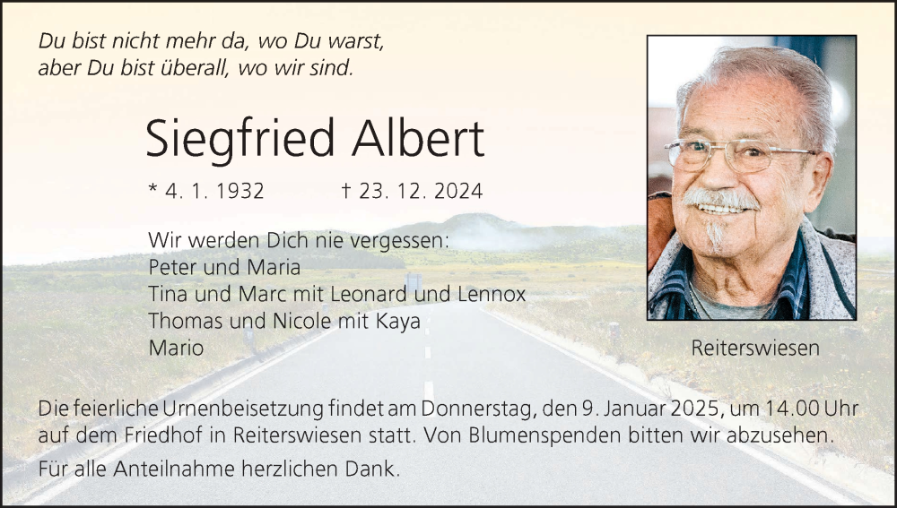  Traueranzeige für Siegfried Albert vom 04.01.2025 aus MGO