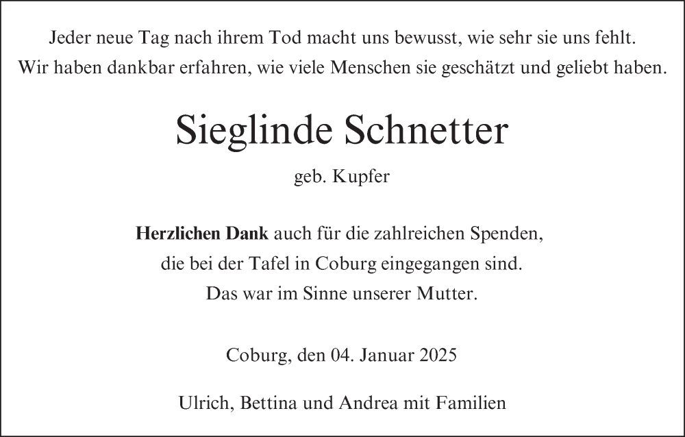  Traueranzeige für Sieglinde Schnetter vom 04.01.2025 aus MGO