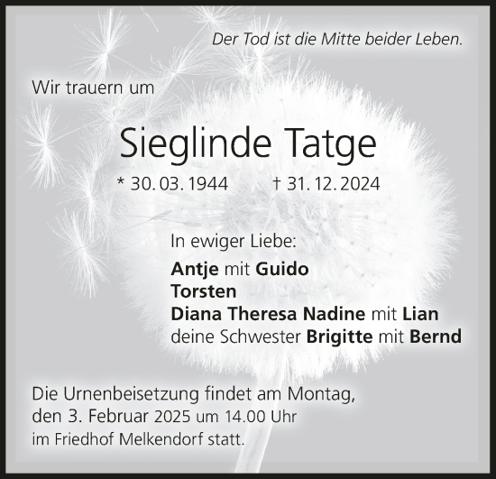 Anzeige von Sieglinde Tatge von MGO