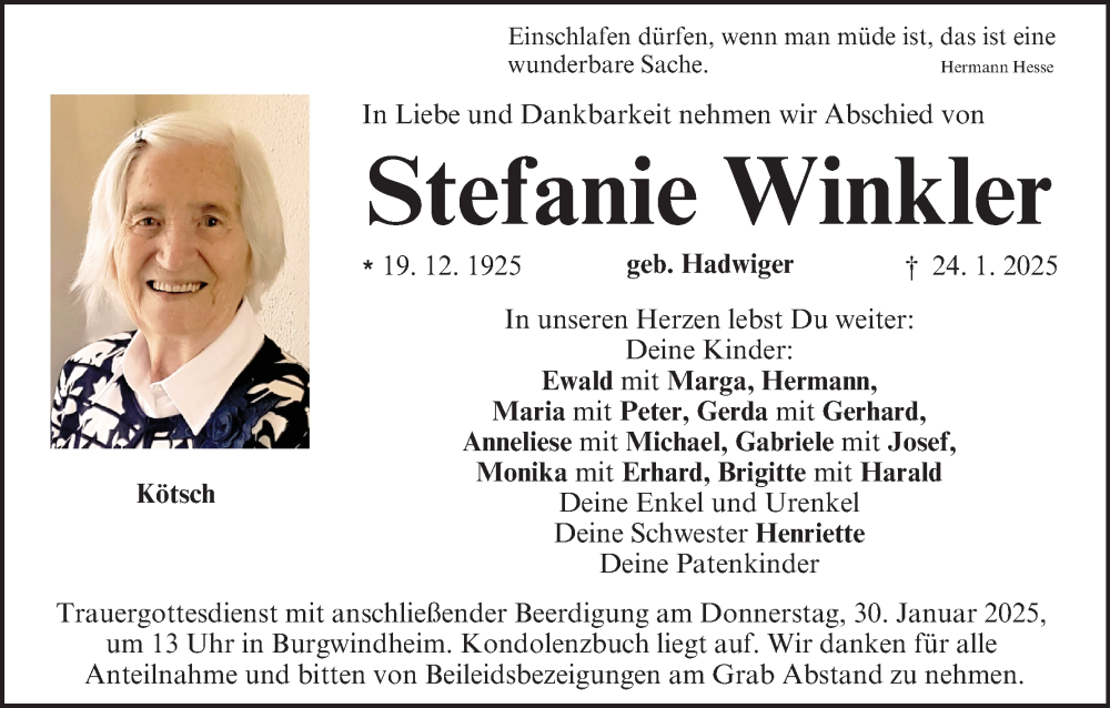  Traueranzeige für Stefanie Winkler vom 28.01.2025 aus MGO