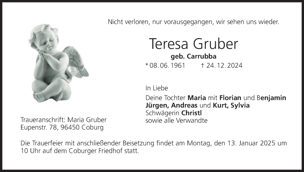  Traueranzeige für Teresa Gruber vom 04.01.2025 aus MGO