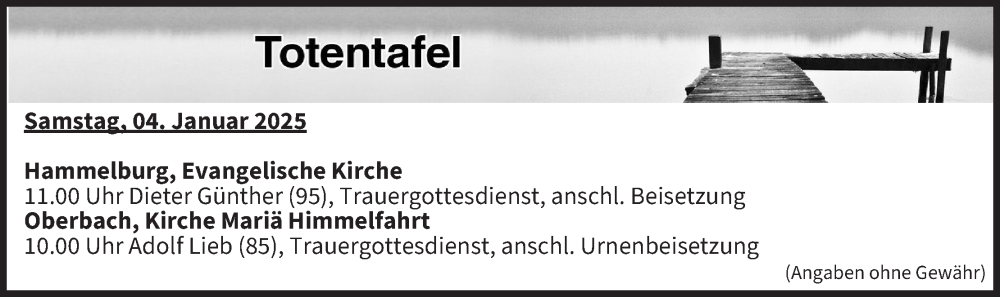 Traueranzeige für Totentafel vom 04.01.2025 vom 04.01.2025 aus MGO