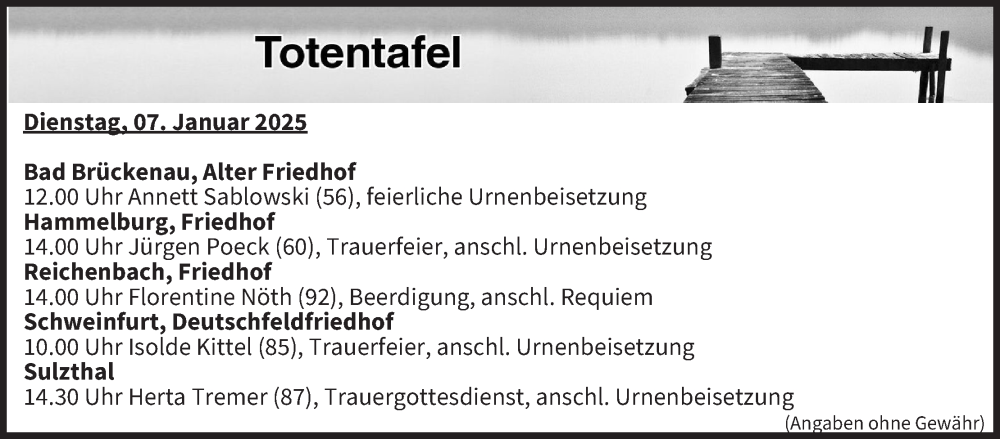  Traueranzeige für Totentafel vom 07.01.2025 vom 07.01.2025 aus MGO
