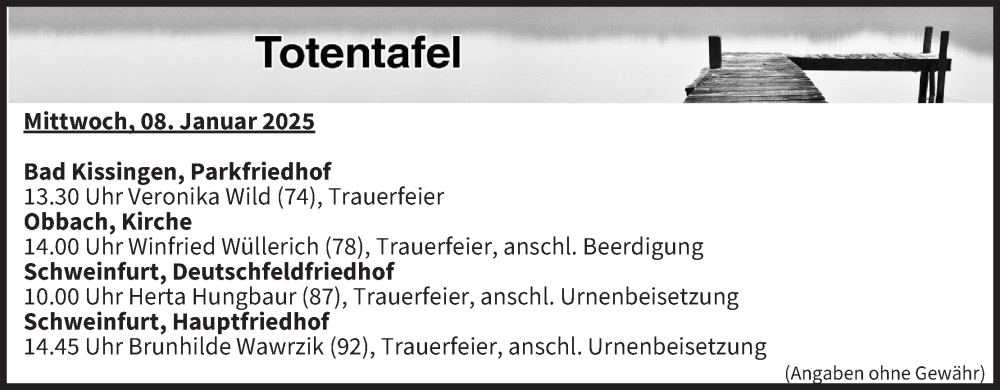  Traueranzeige für Totentafel vom 08.01.2025 vom 08.01.2025 aus MGO