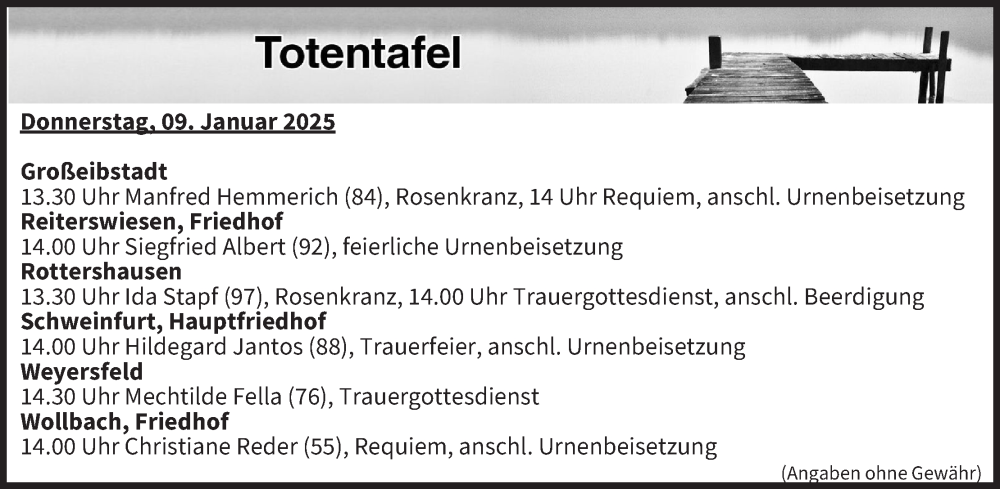  Traueranzeige für Totentafel vom 09.01.2025 vom 09.01.2025 aus MGO