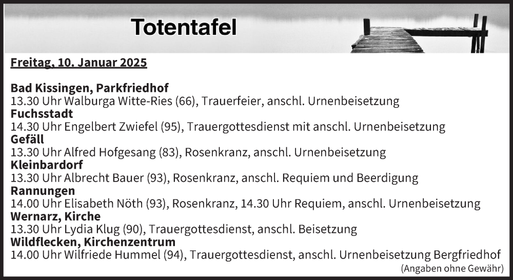  Traueranzeige für Totentafel vom 10.01.2025 vom 10.01.2025 aus MGO