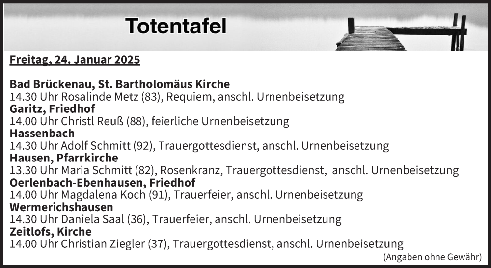  Traueranzeige für Totentafel vom 24.01.2025 vom 24.01.2025 aus MGO