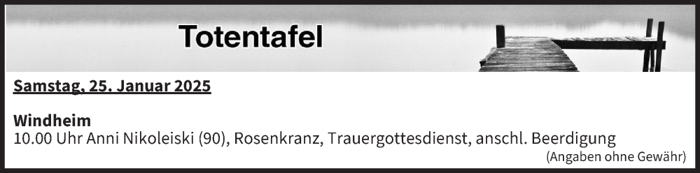  Traueranzeige für Totentafel vom 25.01.2025 vom 25.01.2025 aus MGO