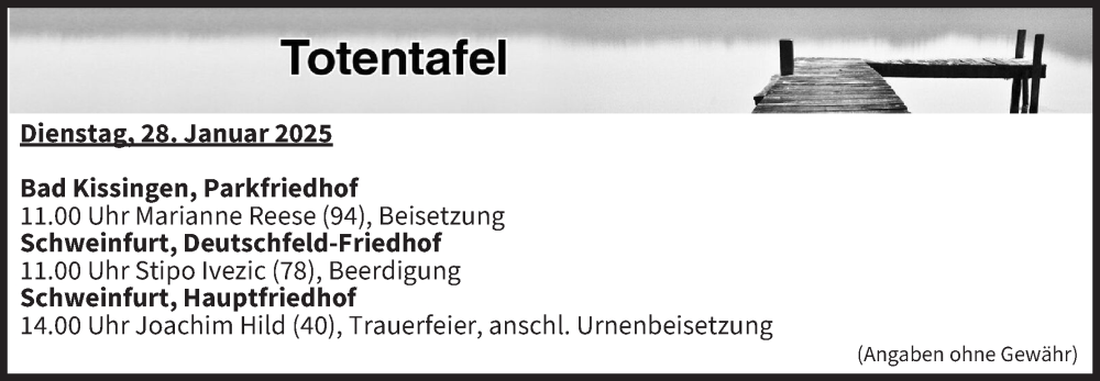  Traueranzeige für Totentafel vom 28.01.2025 vom 28.01.2025 aus MGO