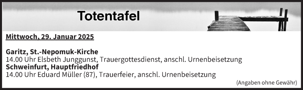  Traueranzeige für Totentafel vom 29.01.2025 vom 29.01.2025 aus MGO